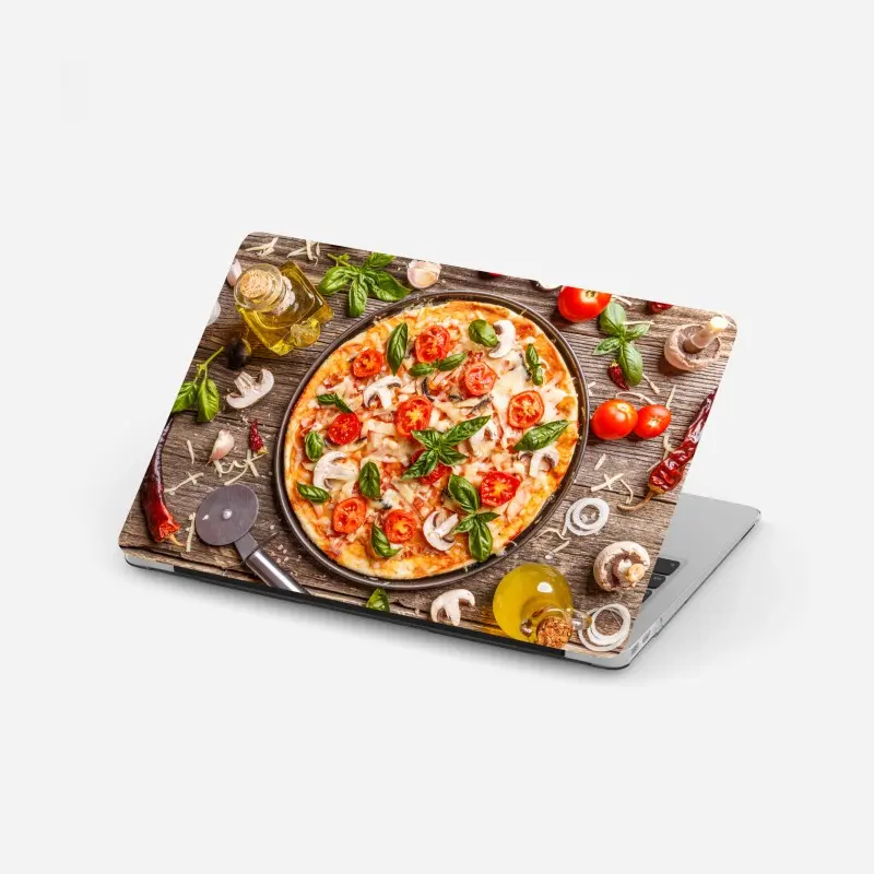 Laptop sticker fresh pizza with basil and cherry tomatoes