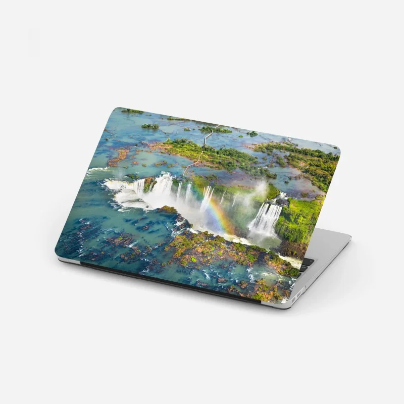 Laptop sticker aerial view of tropical waterfalls with rainbow