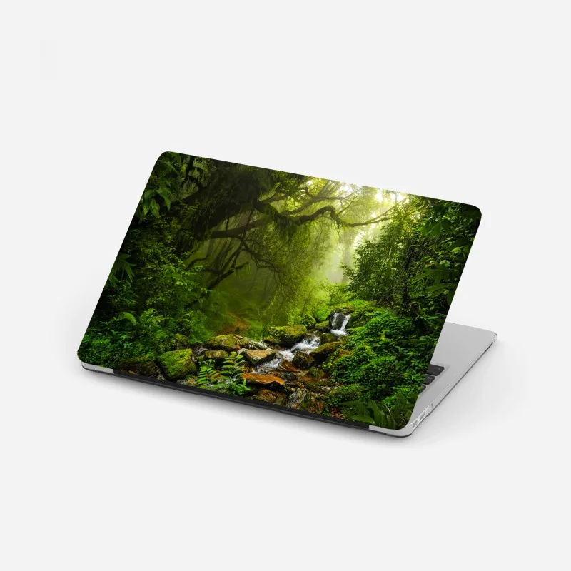 Laptop sticker lush misty forest waterfall