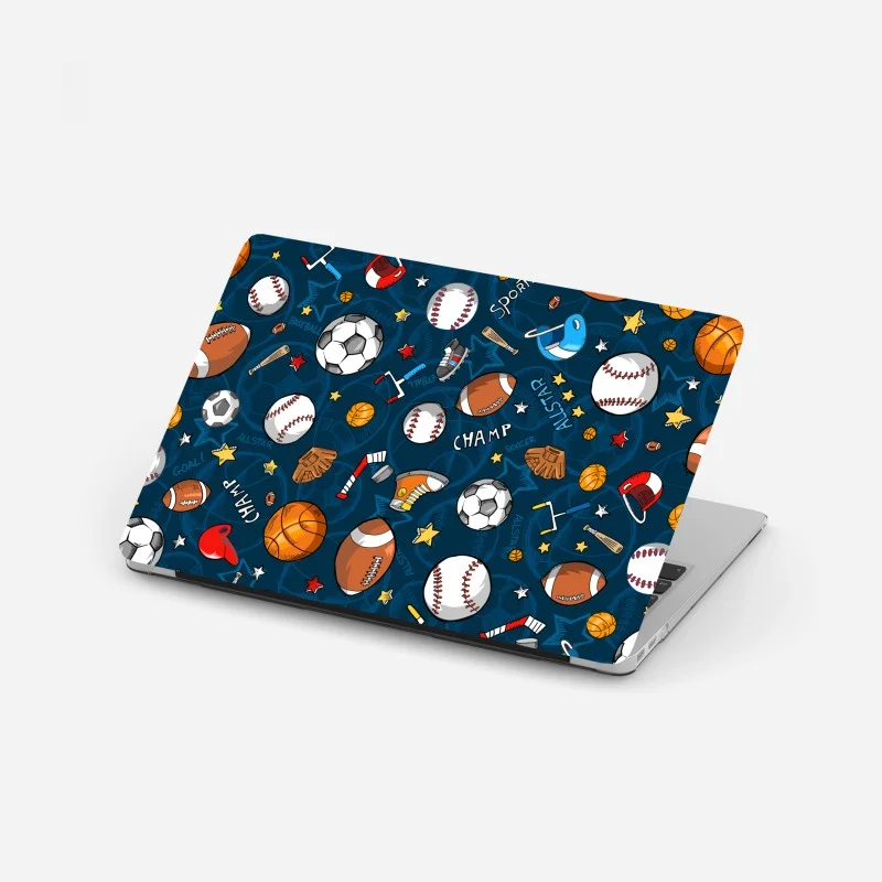 Laptop sticker playful sports pattern on navy background