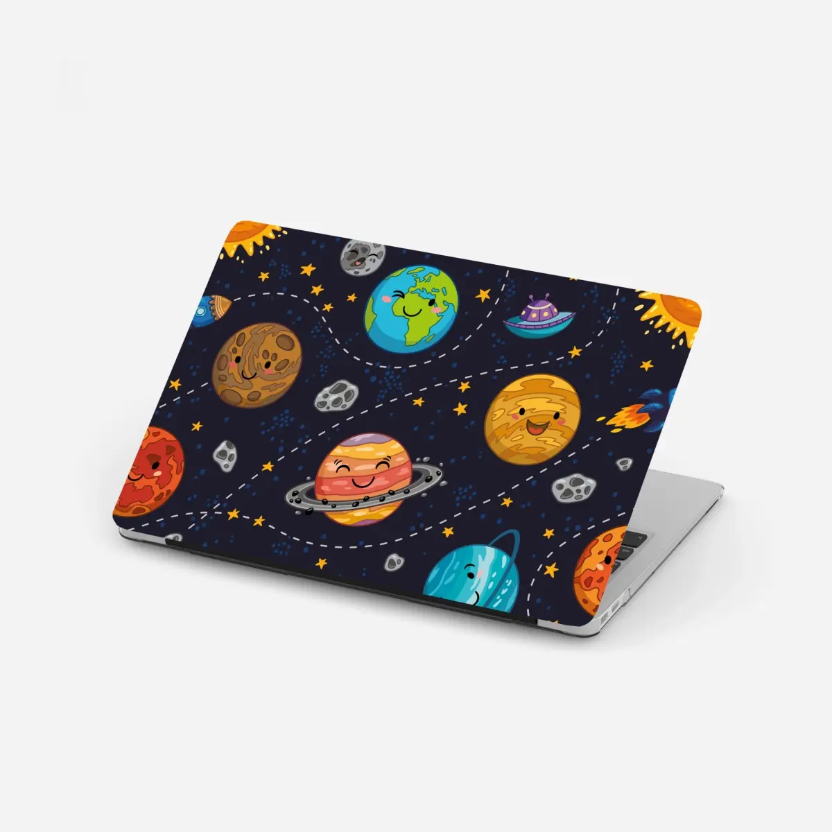 Laptop sticker smiling planets in playful space pattern • Wallissimo® Laptop sticker smiling planets in playful space pattern • Wallissimo®
