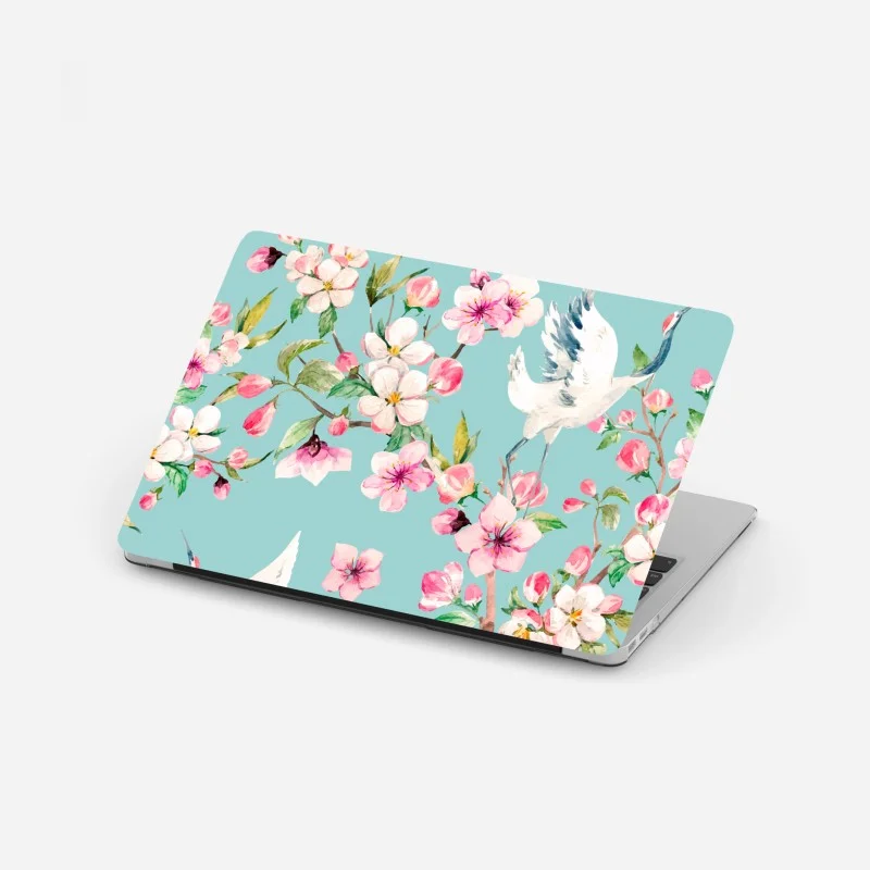 Laptop sticker turquoise cherry blossom and crane pattern