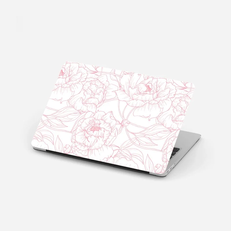 Laptop sticker delicate pink peony line art pattern