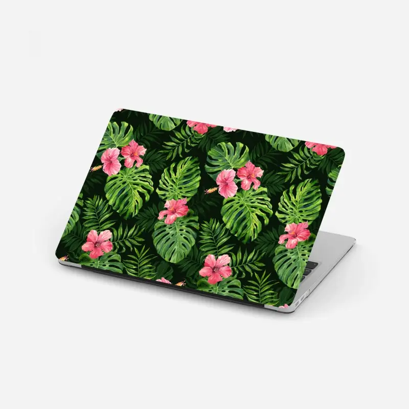Laptop sticker tropical monstera and hibiscus botanical pattern