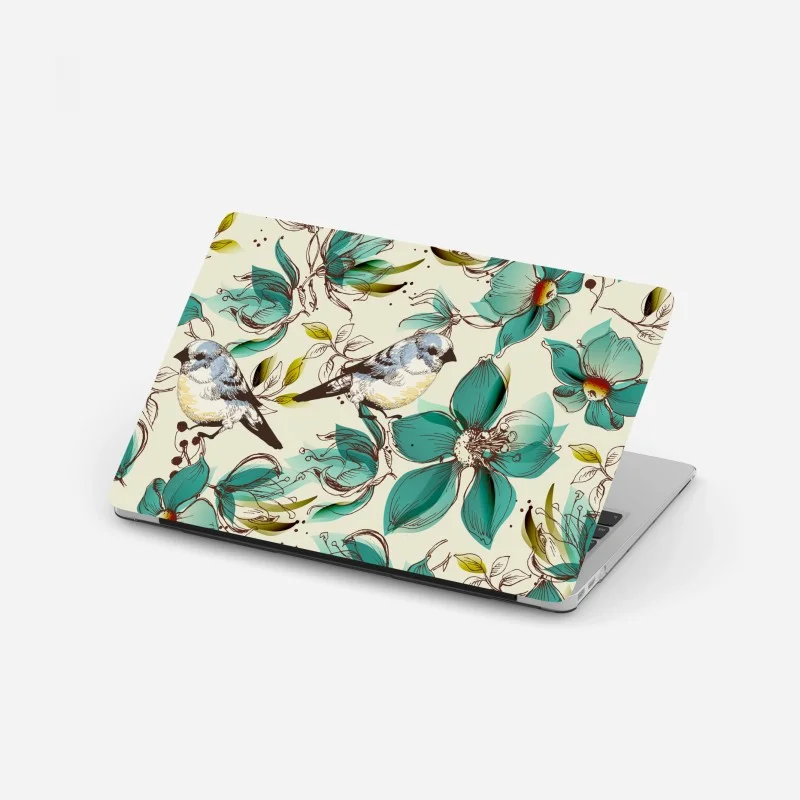 Laptop sticker retro teal floral and bird pattern