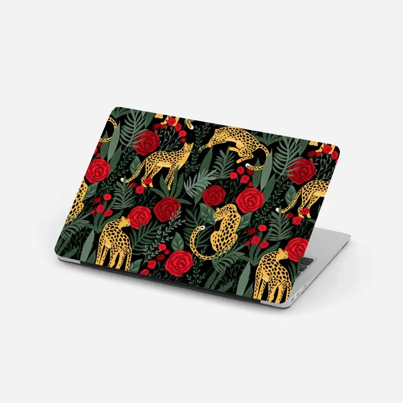 Laptop sticker golden leopards and red roses pattern