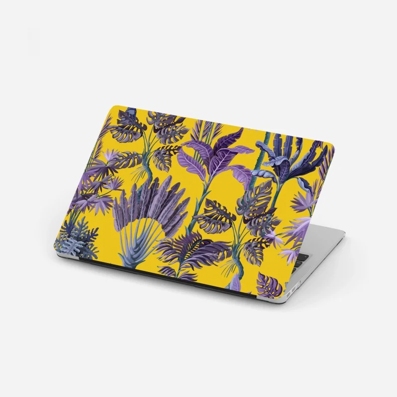 Laptop sticker tropical purple foliage on yellow background