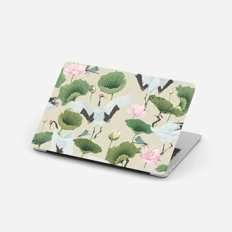 Laptop sticker elegant crane and lotus botanical pattern