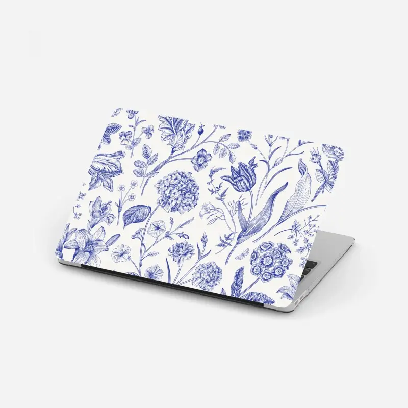 Laptop sticker classic blue toile floral pattern