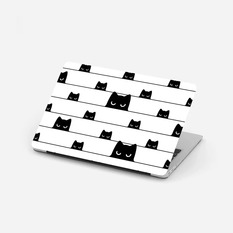 Laptop sticker playful peeking cats on a striped background