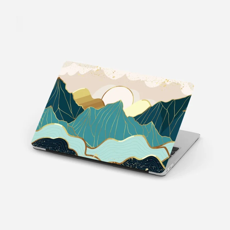 Laptop sticker turquoise mountain sunrise with gold accents