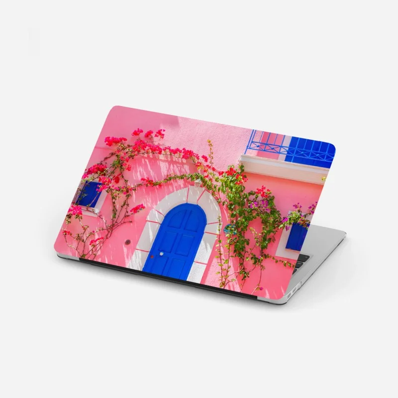 Laptop sticker vibrant pink facade with blue door