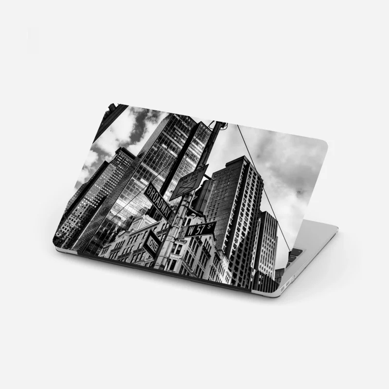 Laptop sticker Broadway at W 57 St — urban skyline in black and white