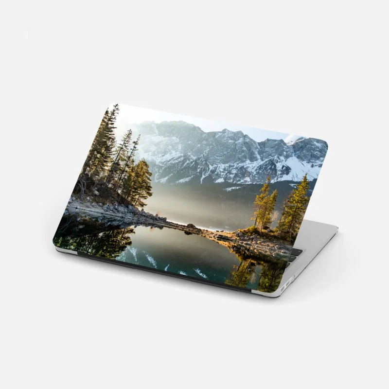 Laptop sticker mountain lake reflection at sunrise