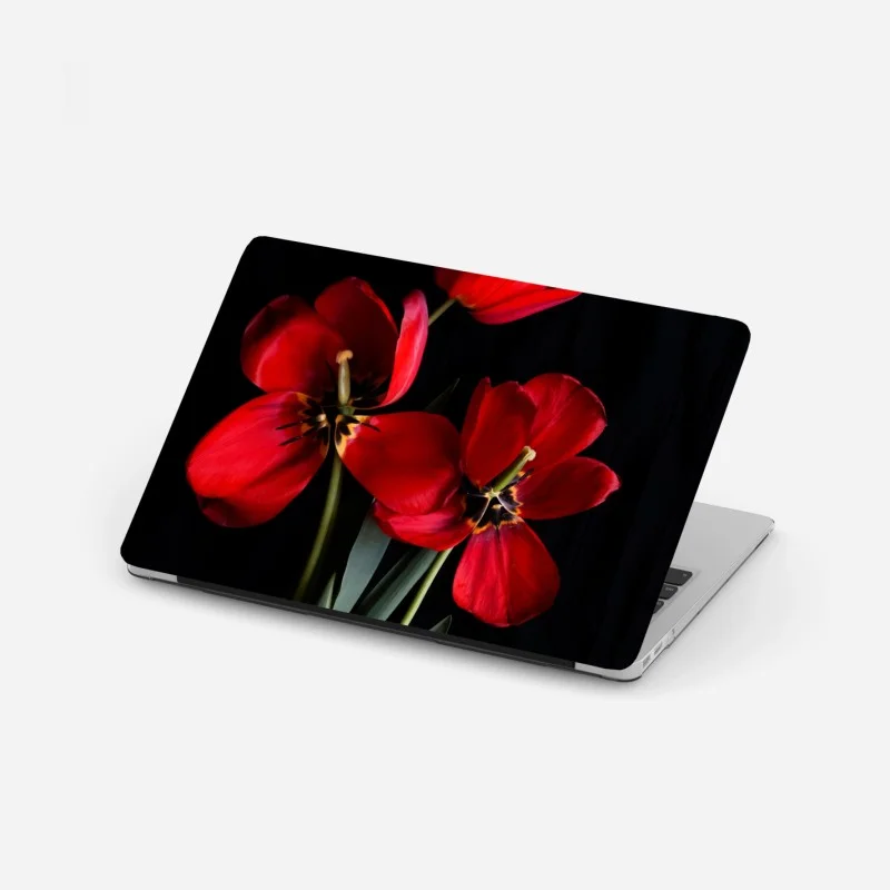 Laptop sticker three red tulips on black