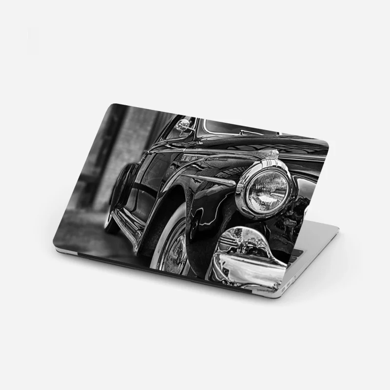 Laptop sticker vintage classic car on cobblestone street
