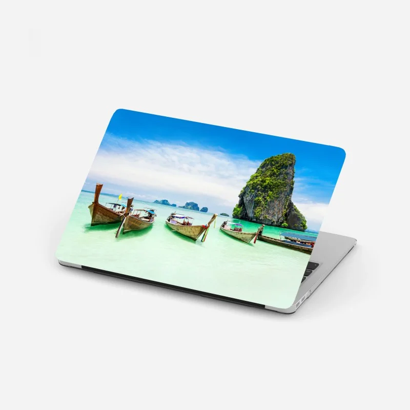 Laptop sticker tropical longtail boats on turquoise beach