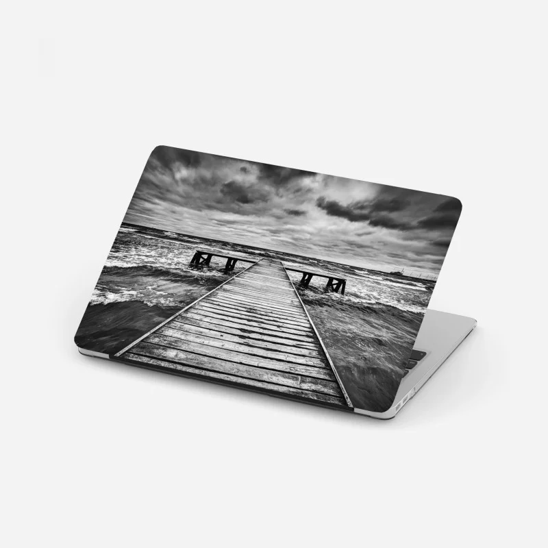 Laptop sticker dramatic monochrome pier leading to stormy sea