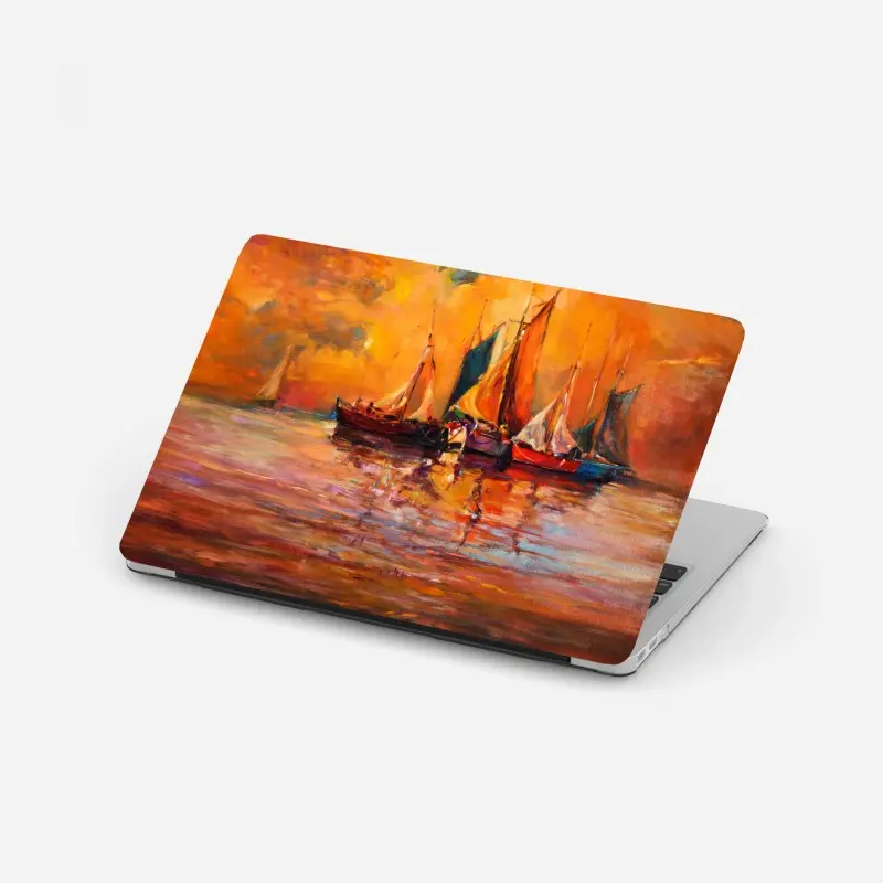 Laptop sticker golden sunset sailboats