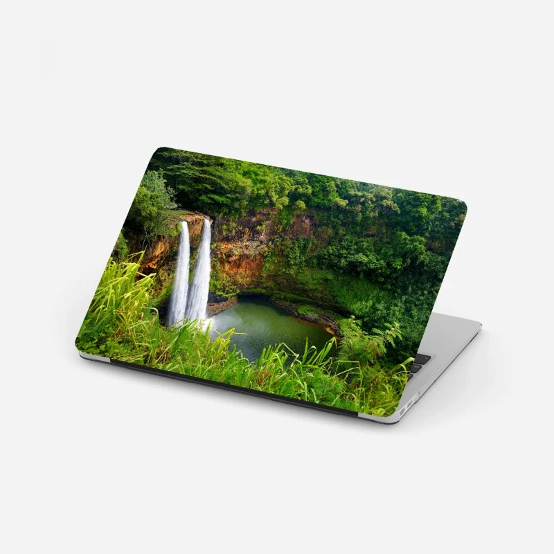 Laptop sticker double waterfall in lush green forest