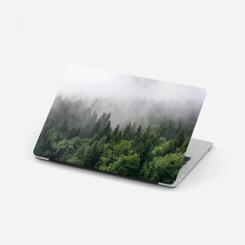 Laptop sticker misty evergreen forest panorama ⁕ Wallissimo®