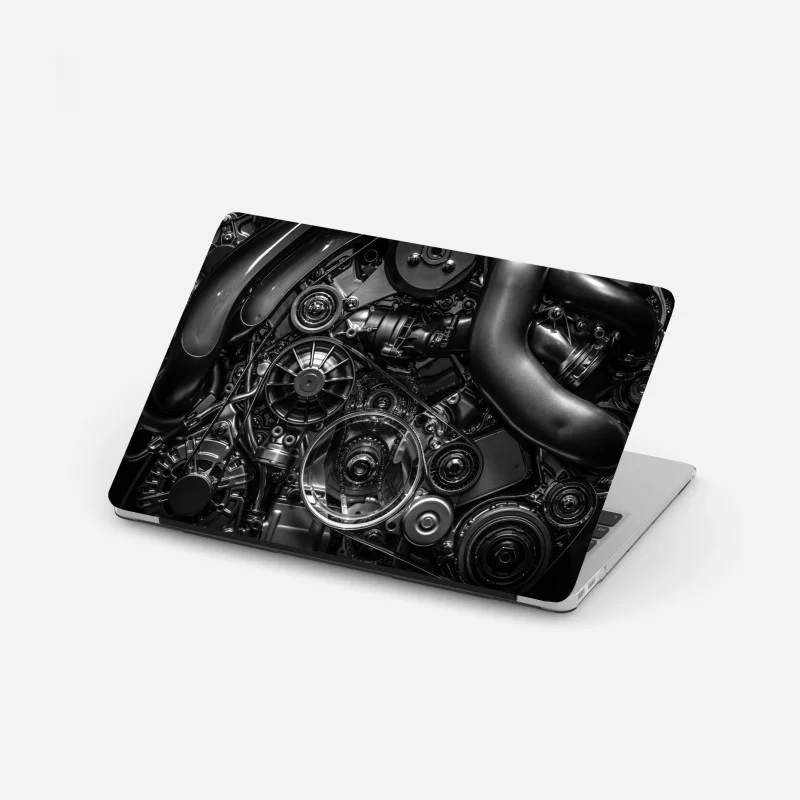 Laptop sticker precision engine mechanics close-up