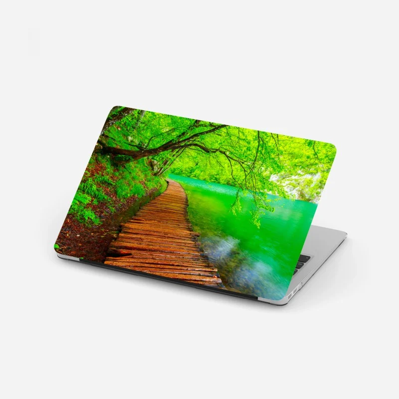 Laptop sticker serene green lake boardwalk