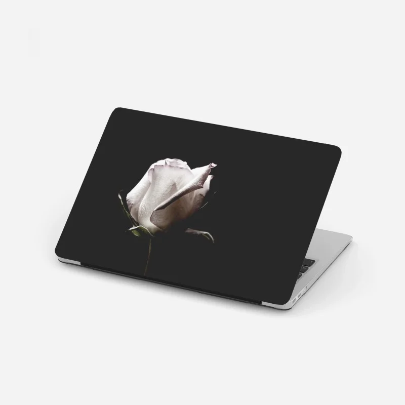 Laptop sticker white rose on black background