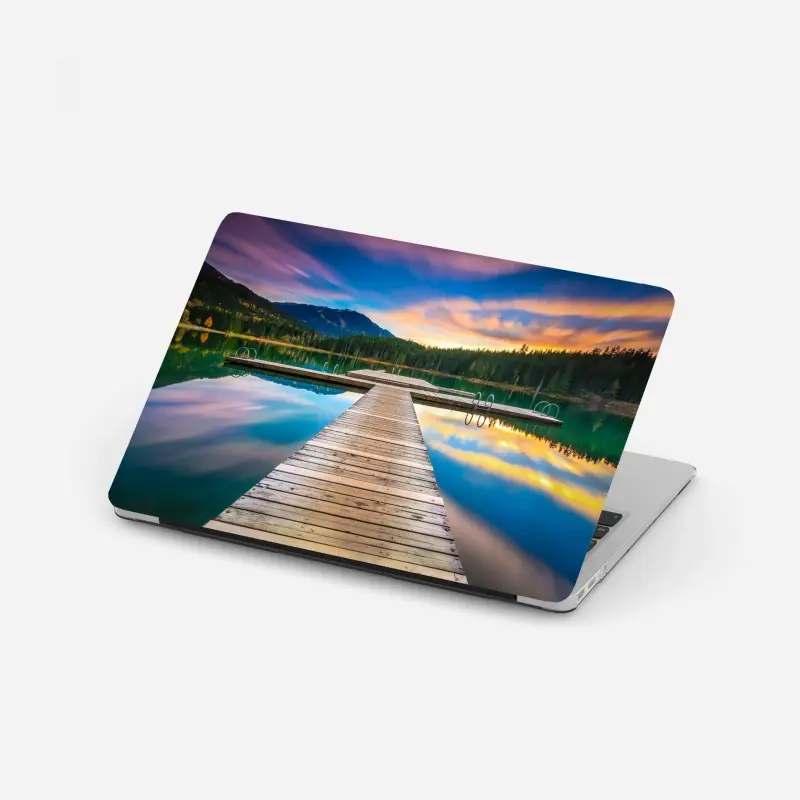 Laptop sticker serene mountain lake at sunset