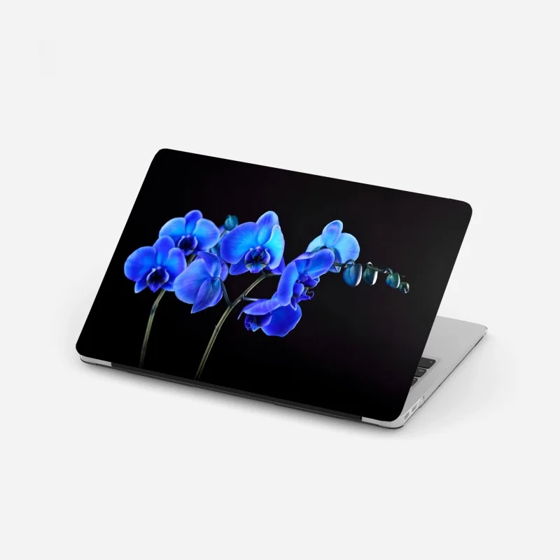Laptop sticker vibrant blue orchid on black background