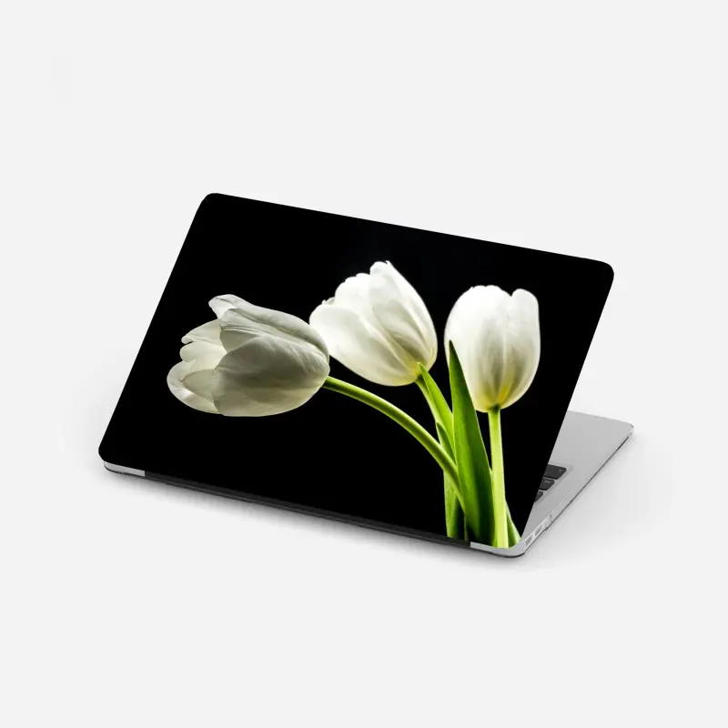 Laptop sticker elegant white tulips on black background