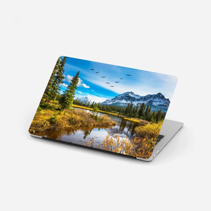 Laptop sticker autumn mountain lake with birds