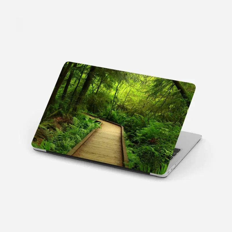 Laptop sticker serene green forest boardwalk