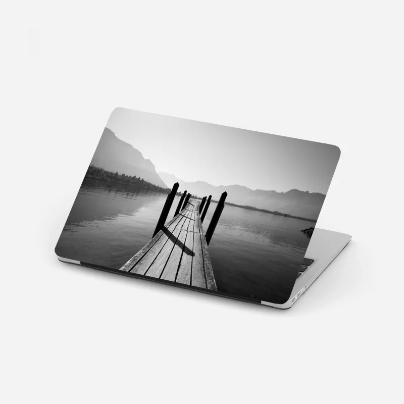 Laptop sticker serene lakeside pier in monochrome