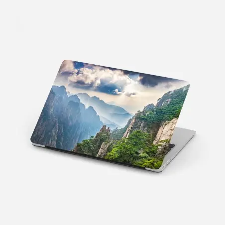 Laptop sticker misty mountain cliffs with sunrays • Wallissimo®