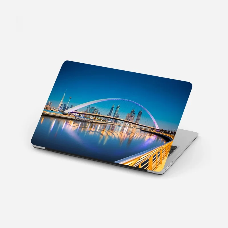 Laptop sticker Dubai downtown skyline with illuminated bridge