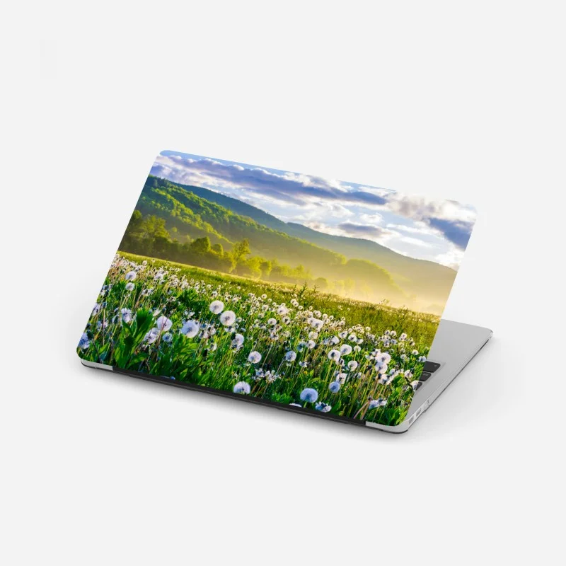 Laptop sticker misty dandelion meadow at sunrise