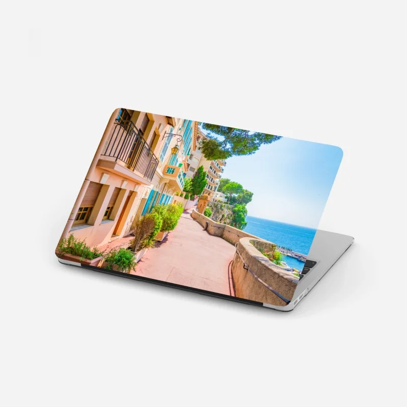 Laptop sticker mediterranean seaside promenade with pastel buildings