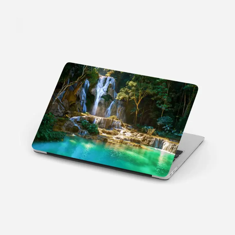 Laptop sticker turquoise waterfall in lush forest