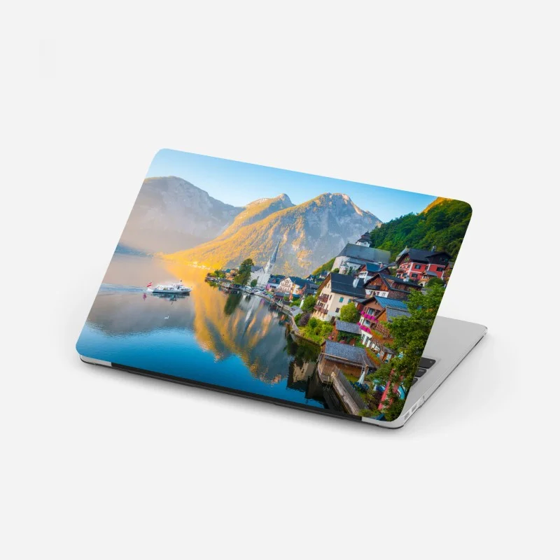 Laptop sticker morning glow over Hallstatt lakeside village