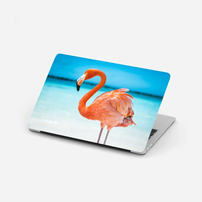 Laptop sticker vibrant pink flamingo on turquoise beach