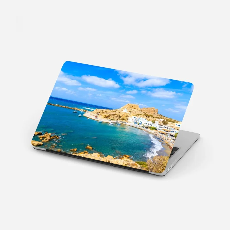 Laptop sticker sunlit Finiki harbor, Karpathos coast