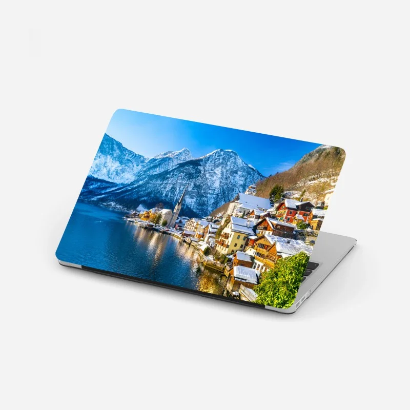 Laptop sticker peaceful winter in Hallstatt — alpine lakeside village