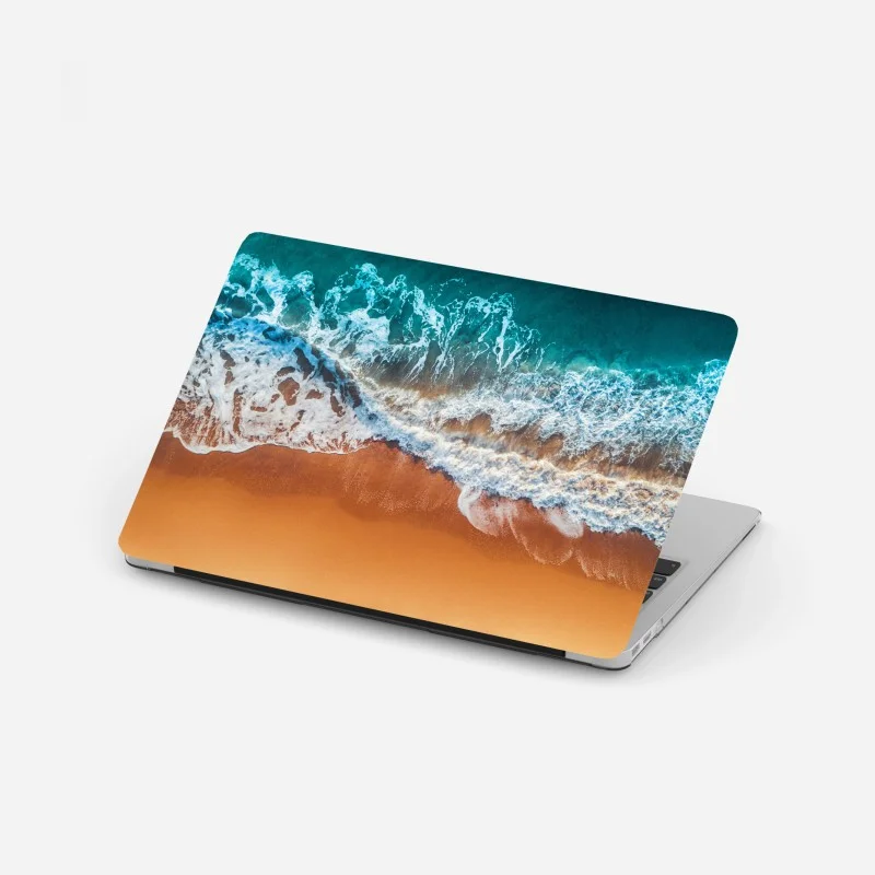 Laptop sticker aerial view of turquoise waves on sandy beach