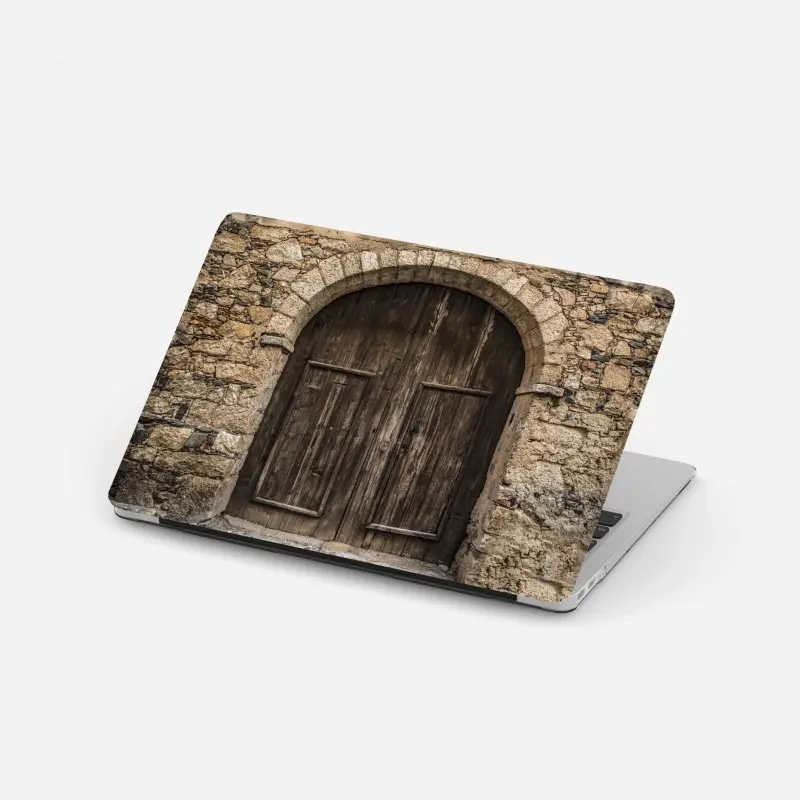 Laptop sticker rustic wooden door with stone arch