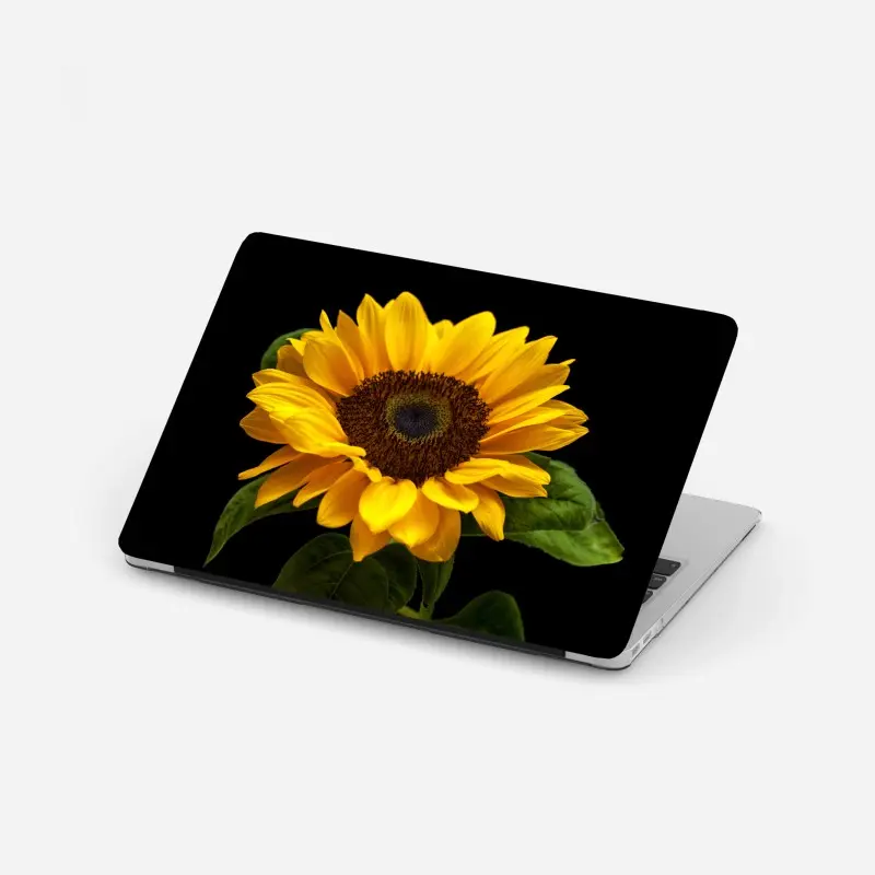 Laptop sticker vibrant sunflower on black background