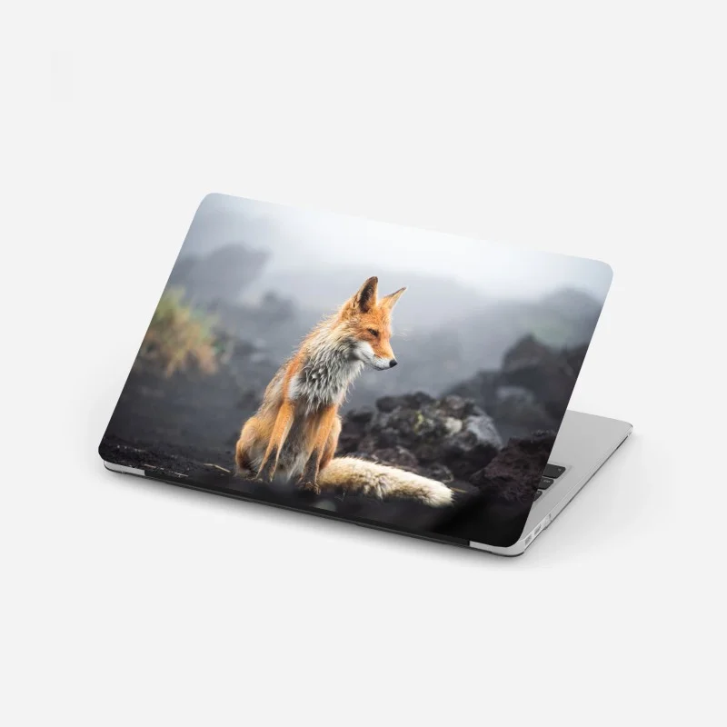 Laptop sticker red fox in a misty landscape