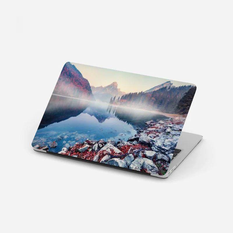 Laptop sticker misty autumn morning at Obersee, Swiss Alps