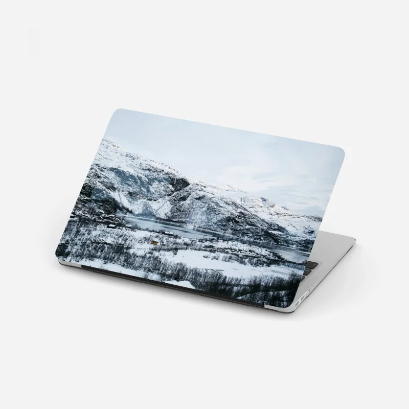 Laptop sticker serene winter mountainscape over an icy lake