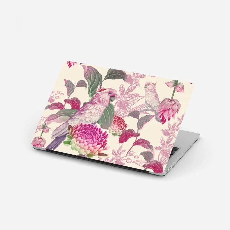 Laptop sticker pink parrot and chrysanthemum botanical print